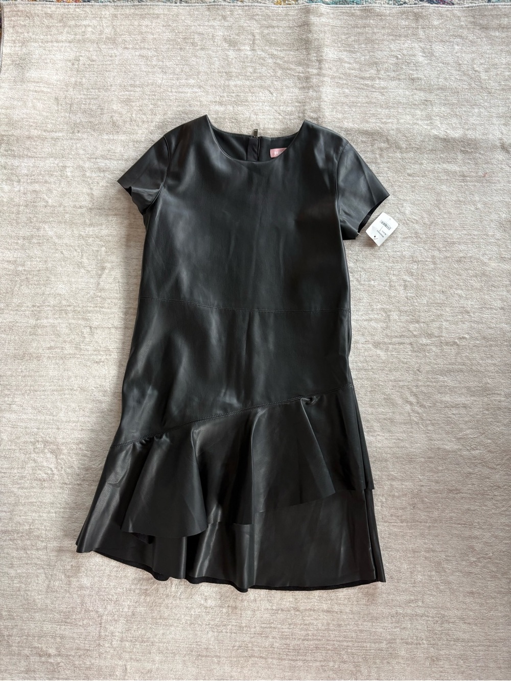 BCBG Girls Black Faux Leather Ruffle A-Line Dress Size 14 NWT